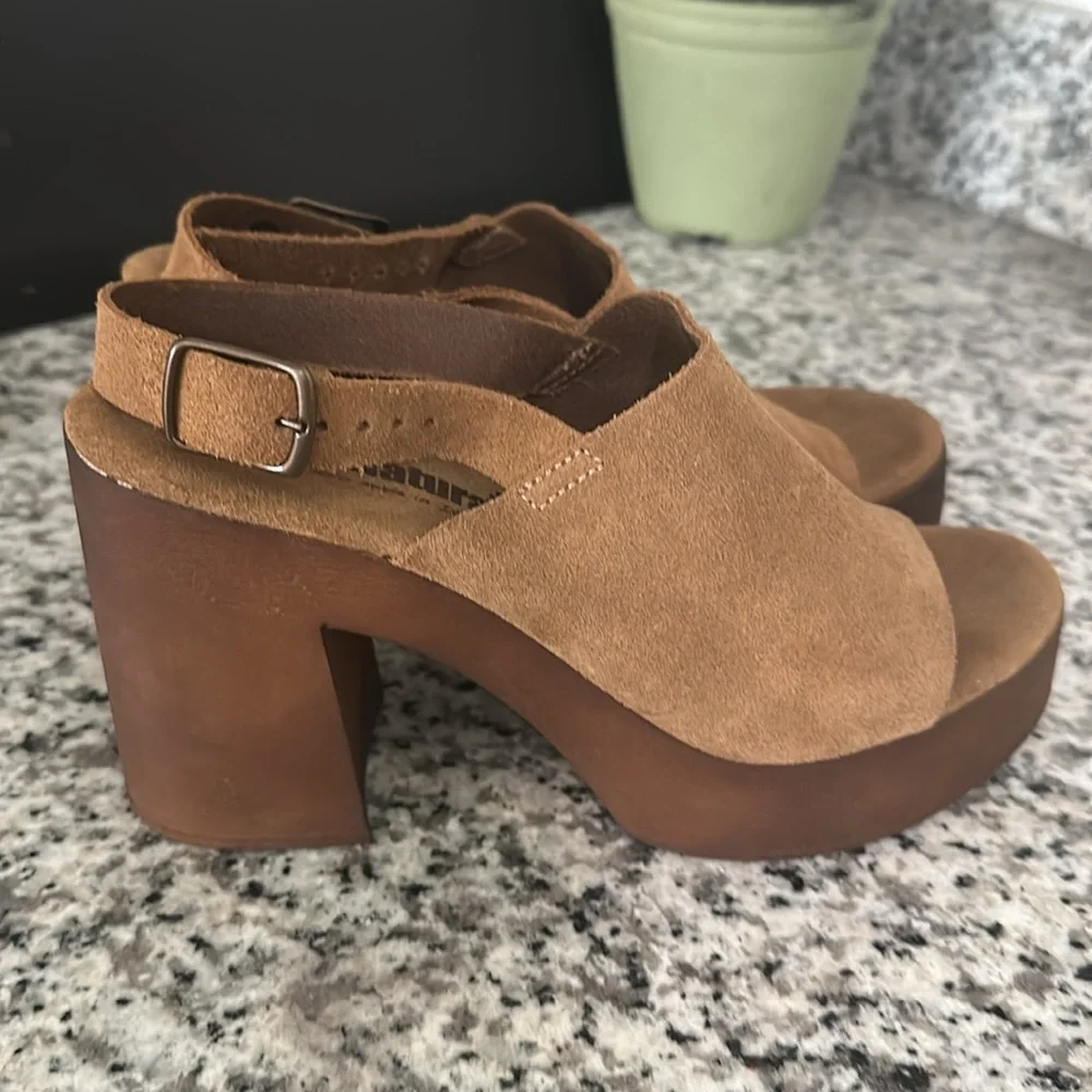 BIO NATURAL Leather Brown Wedge with Buckle Sling Stacked Heels Mules Size 6.5